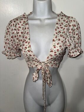 Women's All Over Floral Print Crop Top Deep V Neck Flutter Sleeve Tie Front Boho